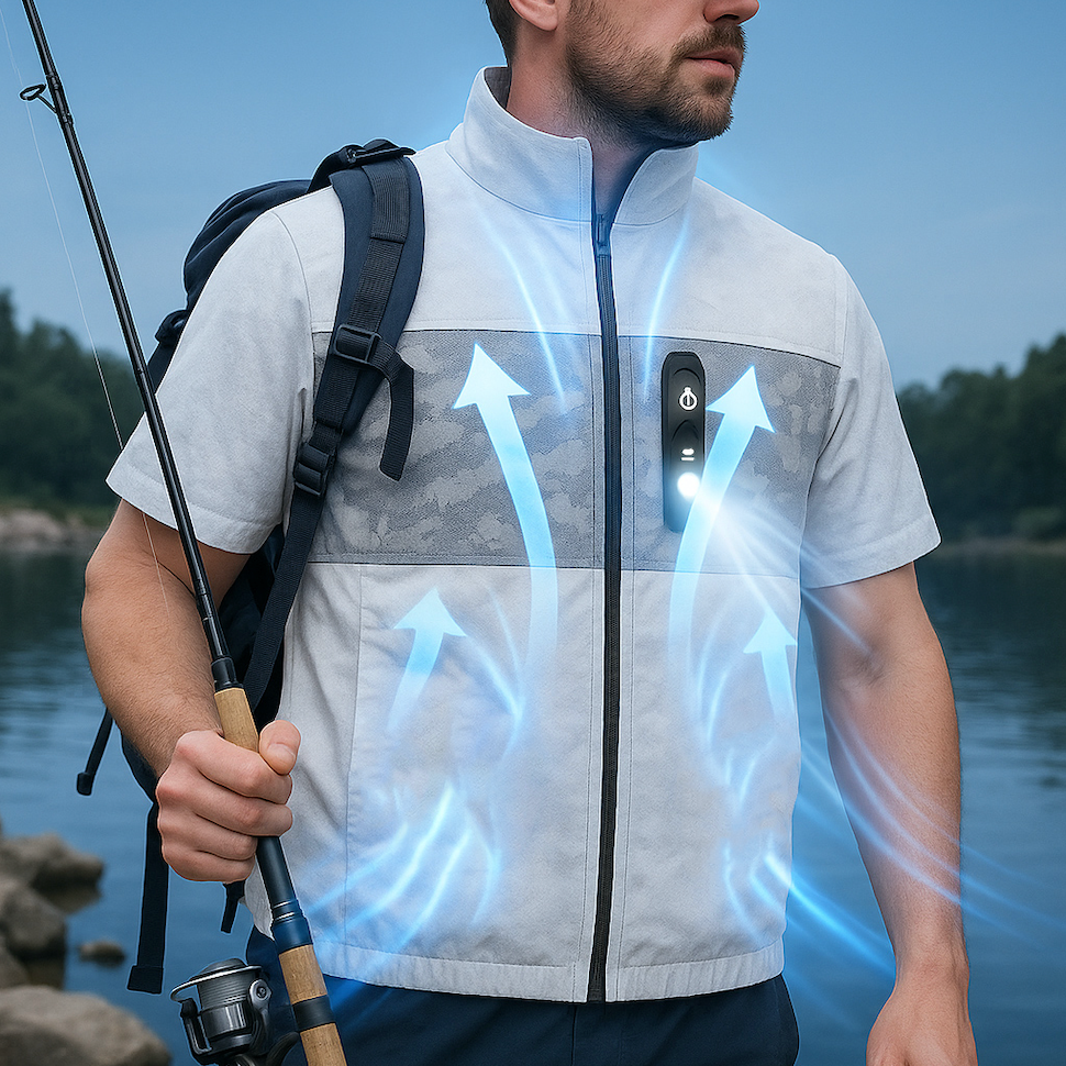 Cooling Fan Jacket with LED Light – Portable Air Conditioned Shirt for Summer Night Fishing, Hiking, and Camping