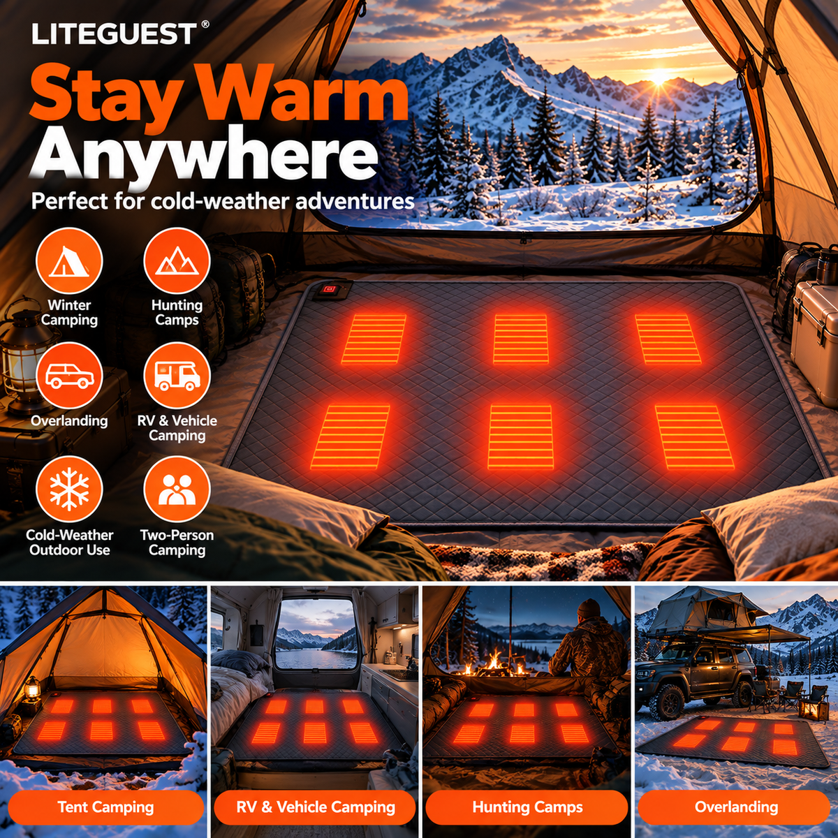 LITEGUEST 6-Zone Heated Tent Floor Mat | Large USB Heated Camping Mat