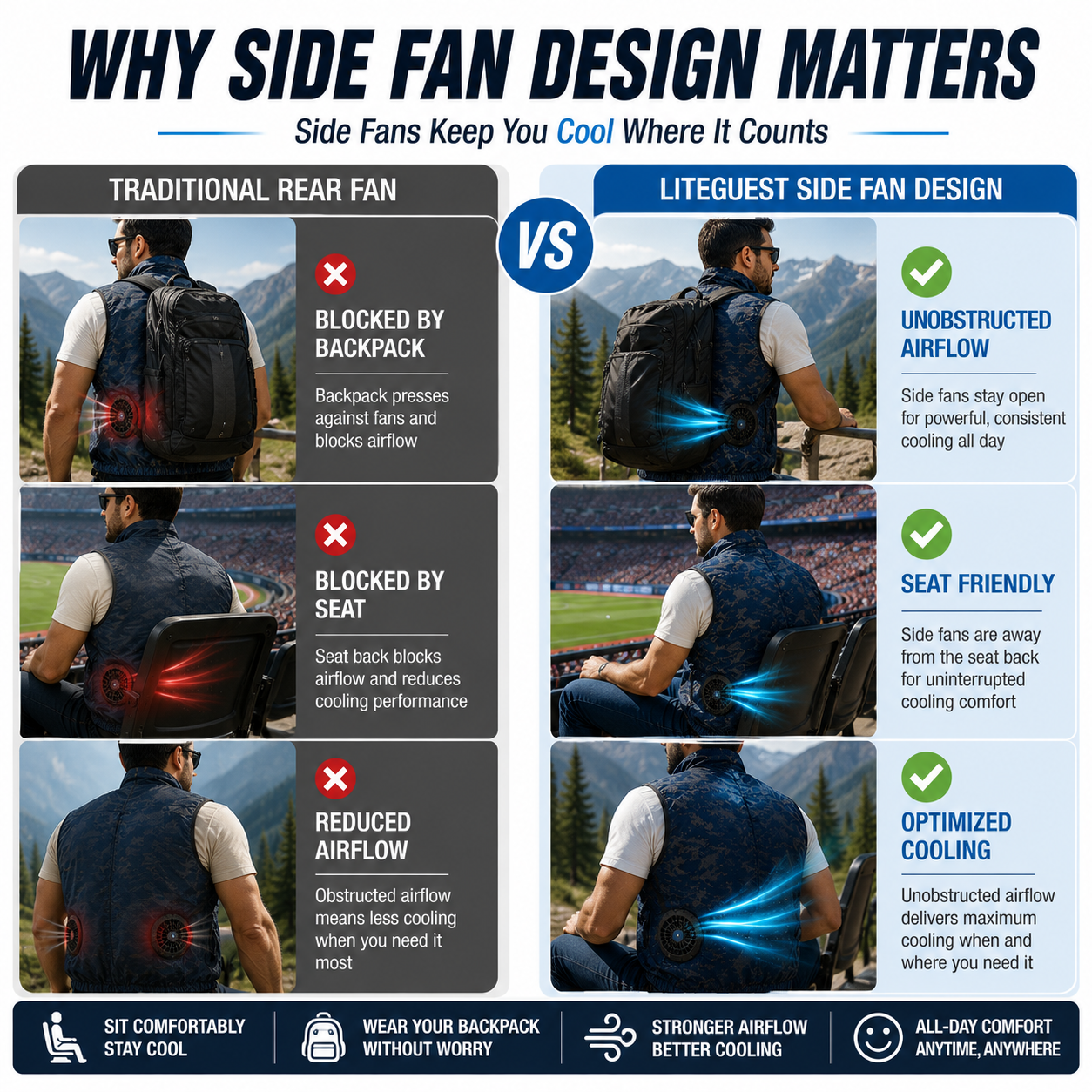 Liteguest Side Fan Cooling Vest for Sports Fans, Camping & Hiking