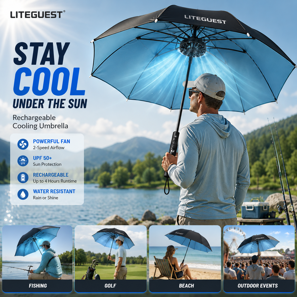 LITEGUEST Cooling Fan Umbrella with Mist & UPF50+ Protection