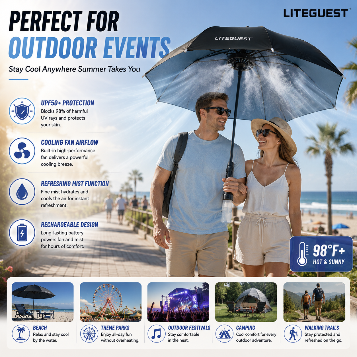 LITEGUEST Cooling Fan Umbrella with Mist & UPF50+ Protection