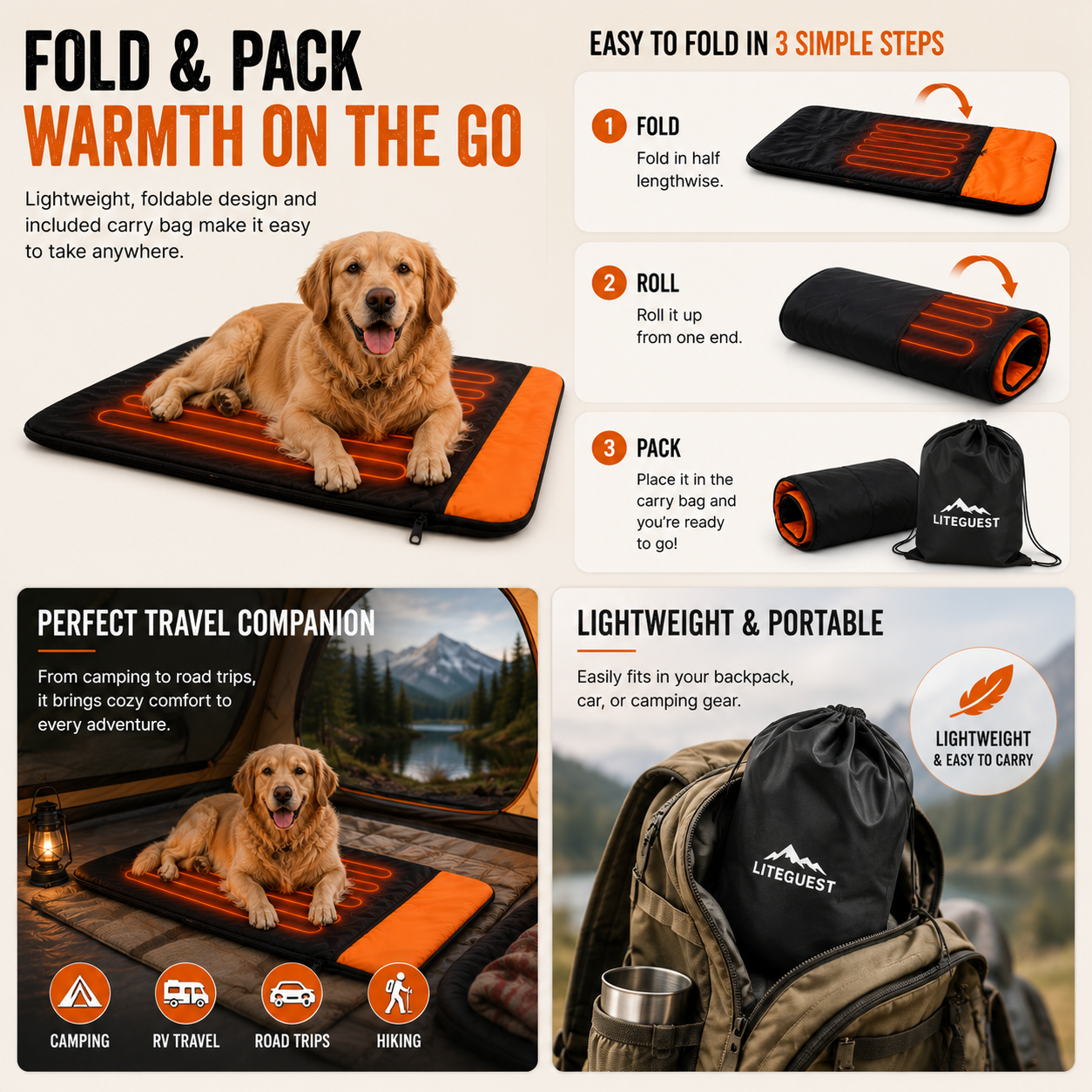 LITEGUEST Heated Pet Bed | USB Heated Pet Sleeping Bag for Dogs & Cats
