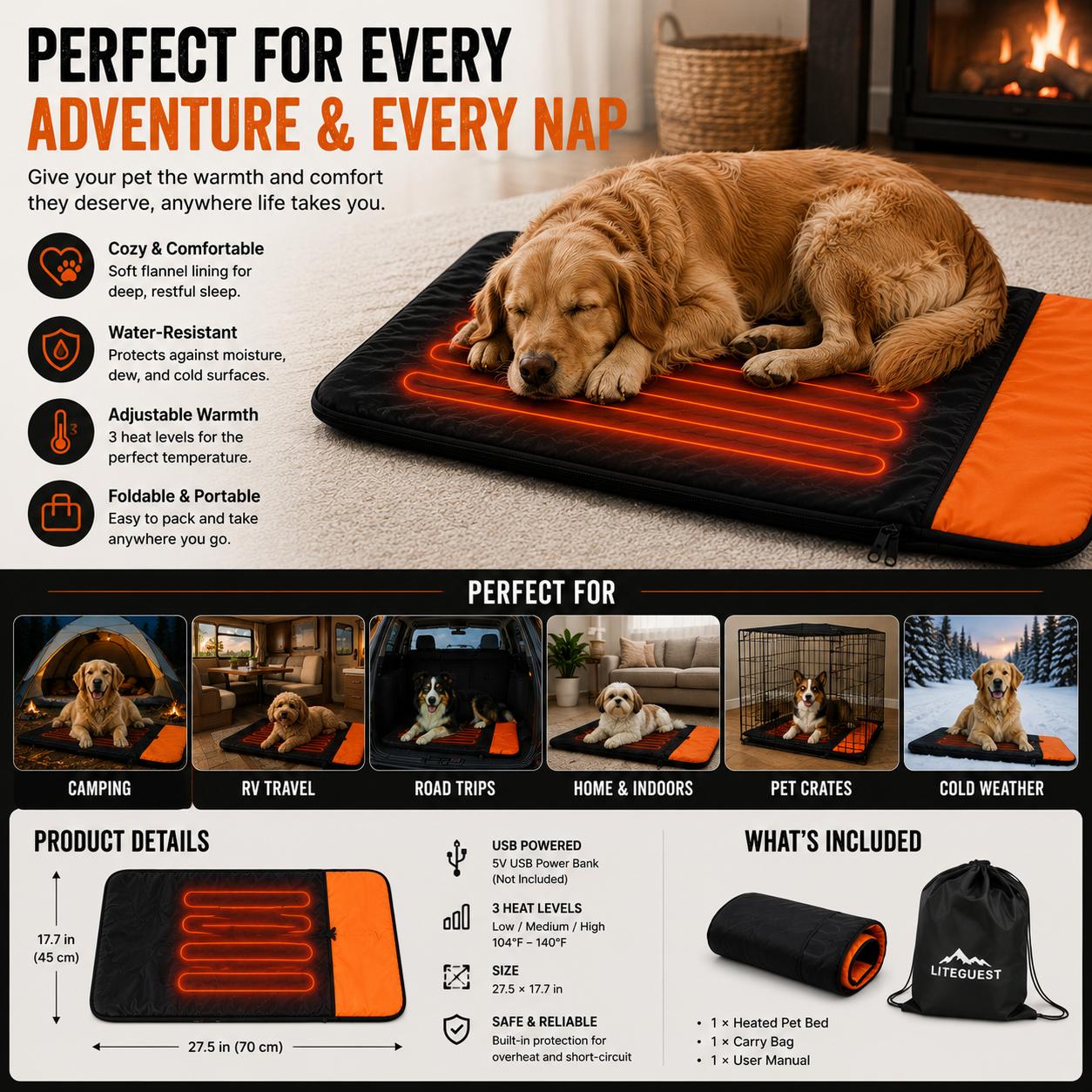 LITEGUEST Heated Pet Bed | USB Heated Pet Sleeping Bag for Dogs & Cats