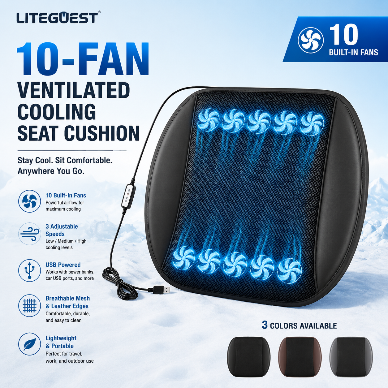 LITEGUEST 10-Fan Ventilated USB Cooling Seat Cushion