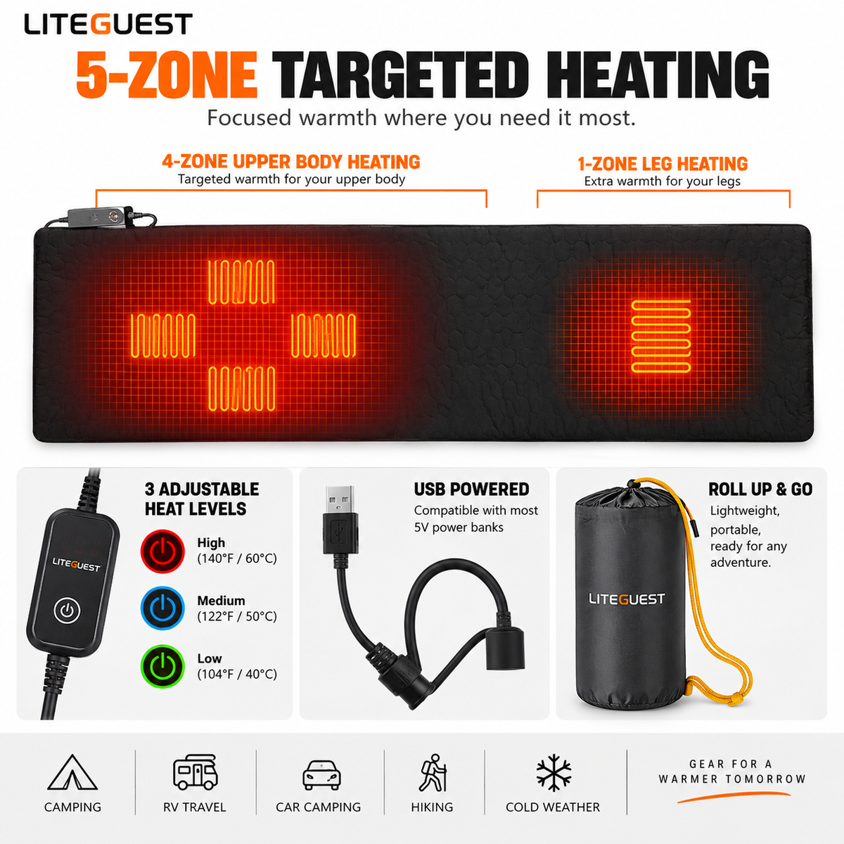LITEGUEST 5-Zone USB Heated Sleeping Mat | Camping Sleeping Pad