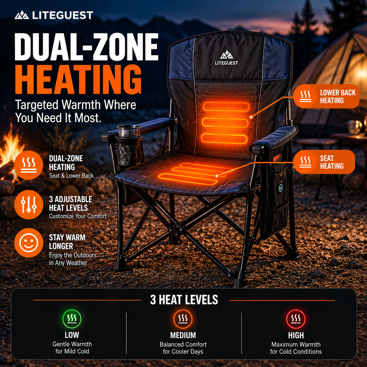 LITEGUEST Heated Camping Chair | USB-Powered Folding Chair