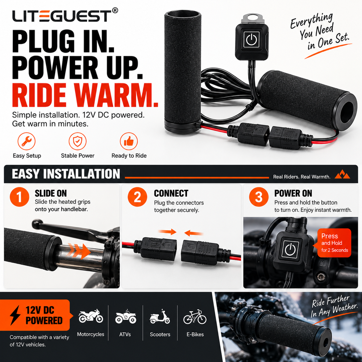 LITEGUEST Heated Handlebar Grips | 12V Motorcycle Grip Warmers