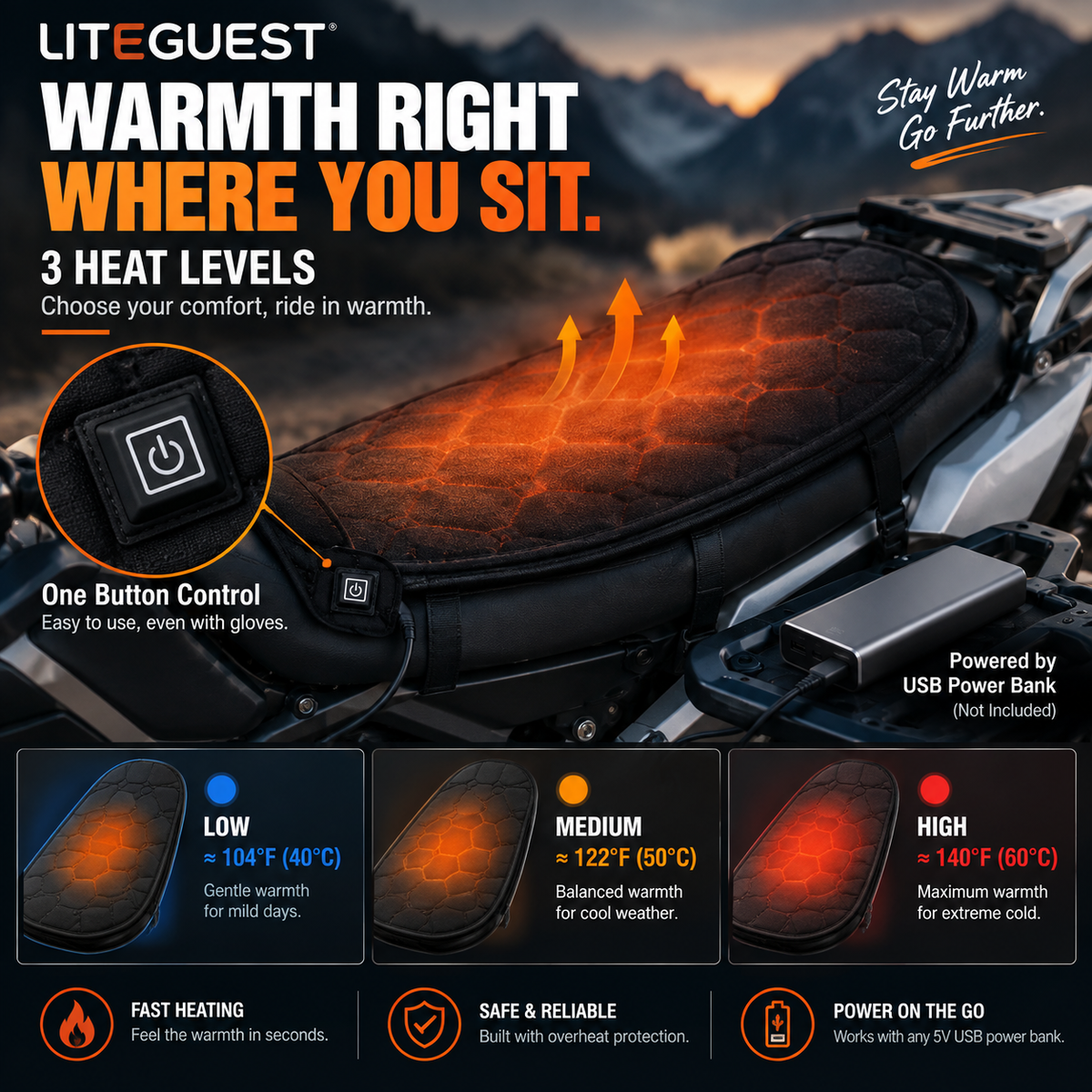 LITEGUEST Heated Motorcycle Seat Cover | USB Winter Riding Pad
