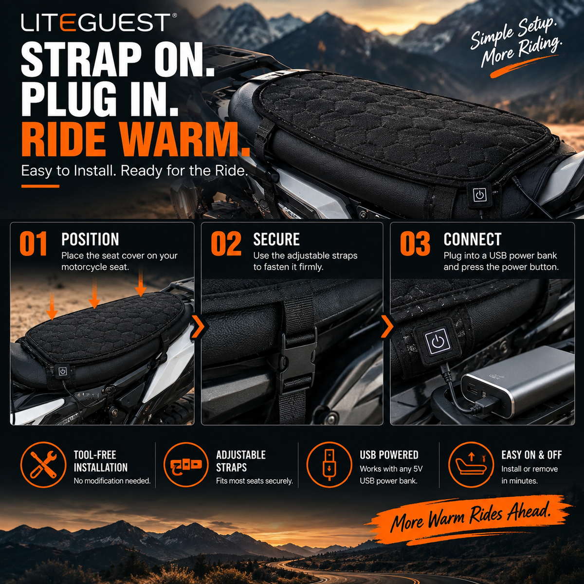 LITEGUEST Heated Motorcycle Seat Cover | USB Winter Riding Pad
