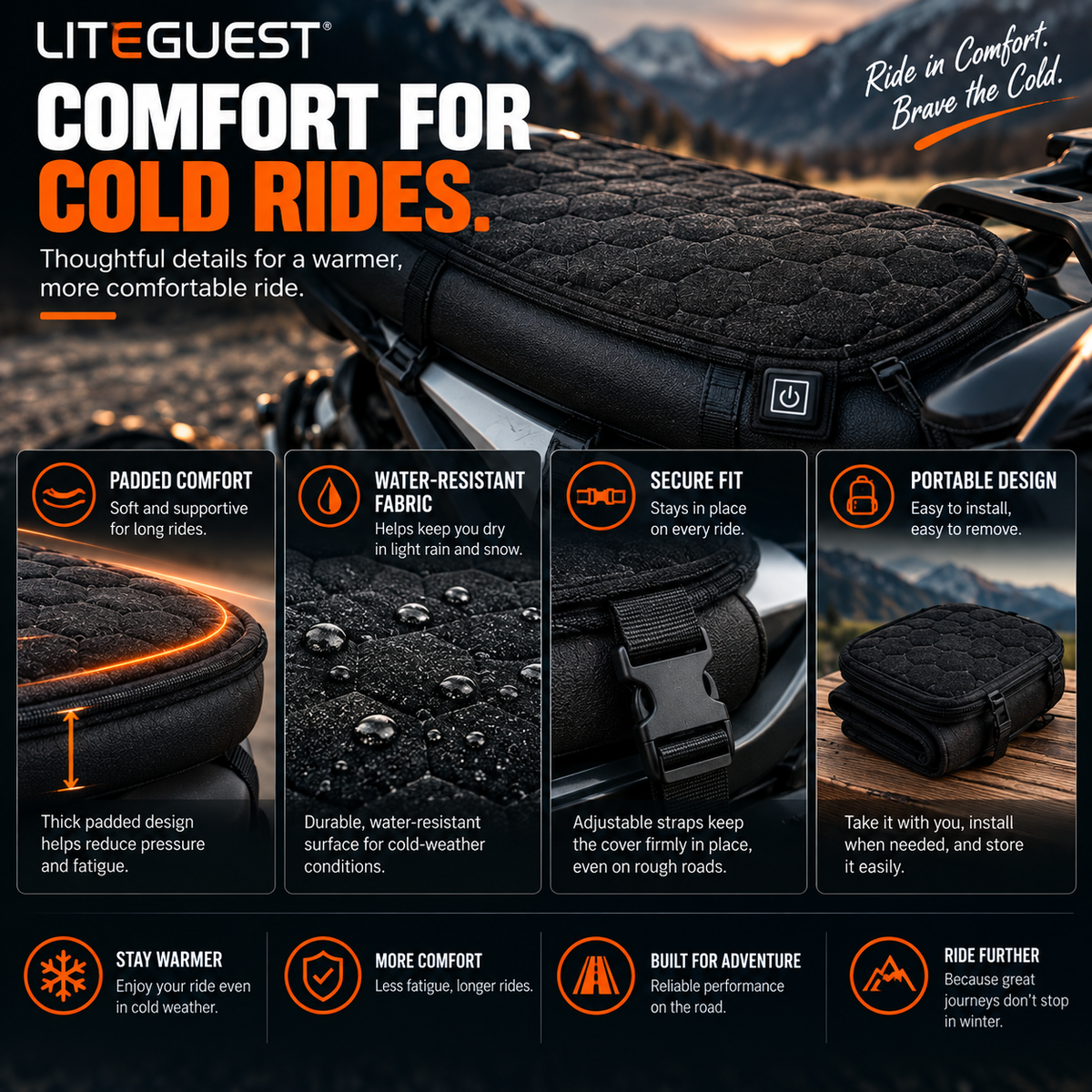 LITEGUEST Heated Motorcycle Seat Cover | USB Winter Riding Pad