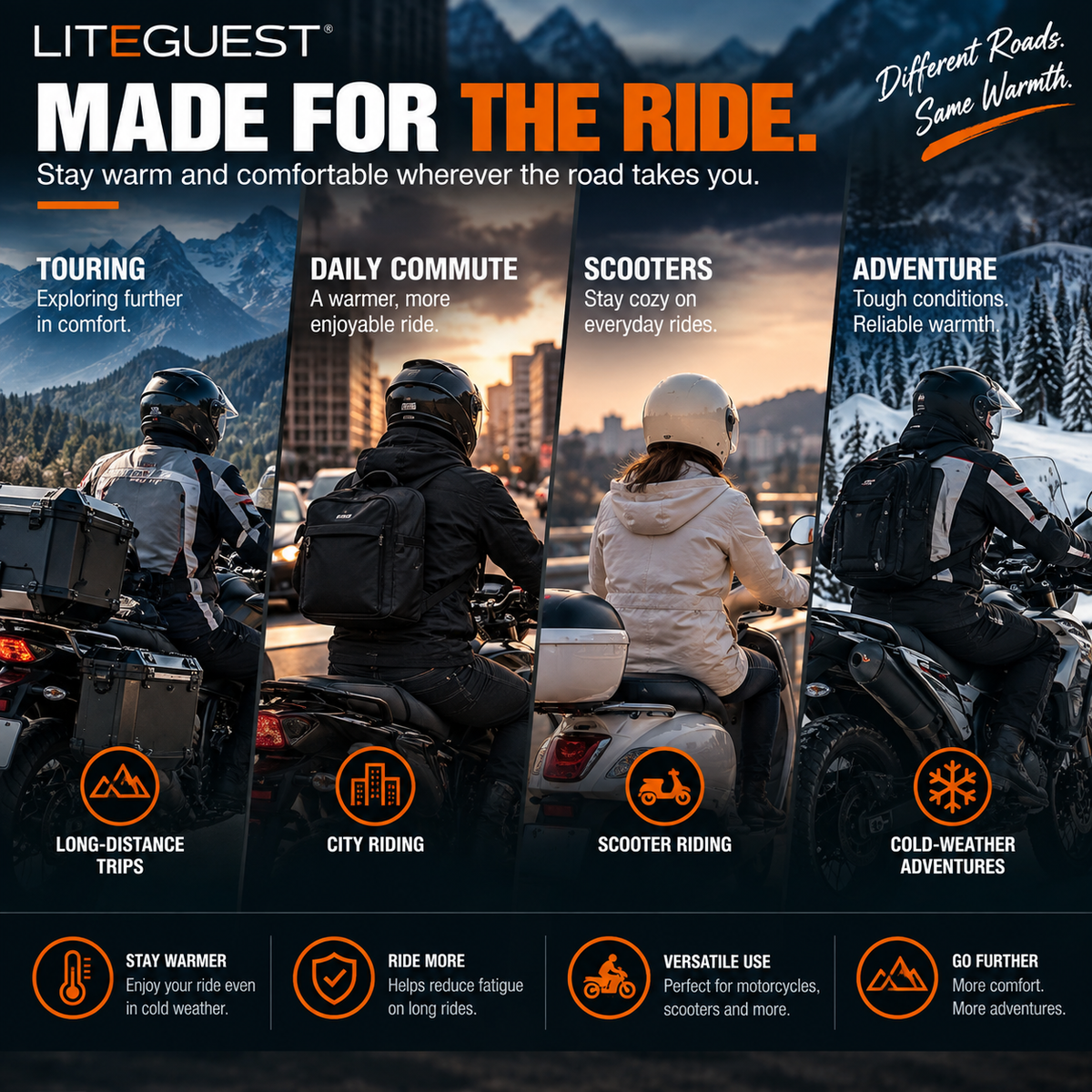 LITEGUEST Heated Motorcycle Seat Cover | USB Winter Riding Pad