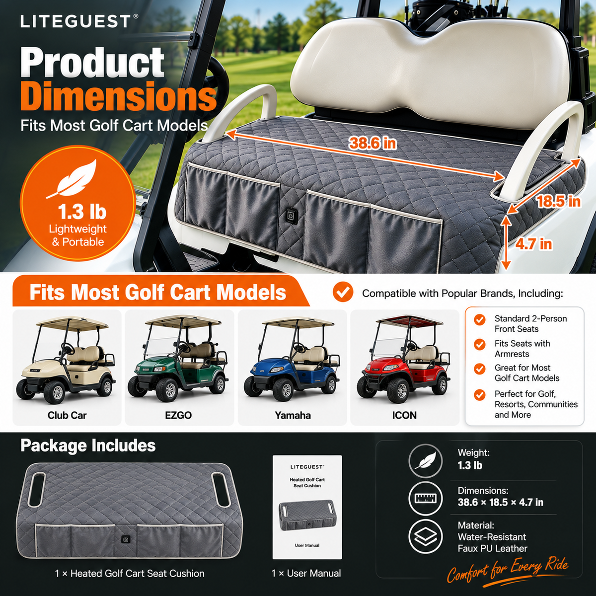 LITEGUEST Heated Golf Cart Seat Cushion with Storage | USB Heated