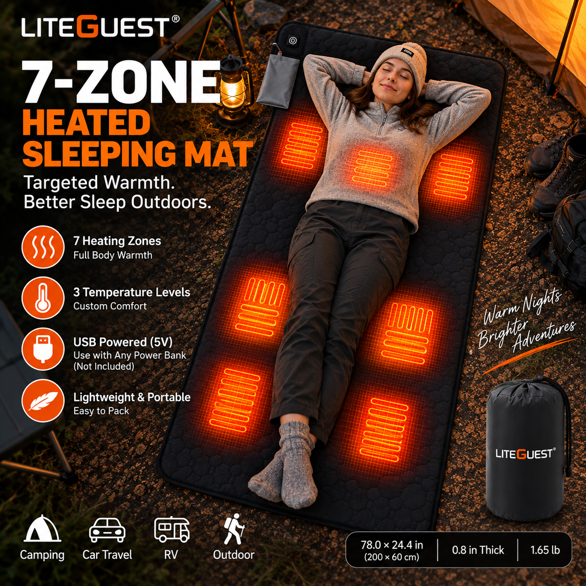 LITEGUEST 7-Zone USB Heated Sleeping Mat | Heated Sleeping Pad