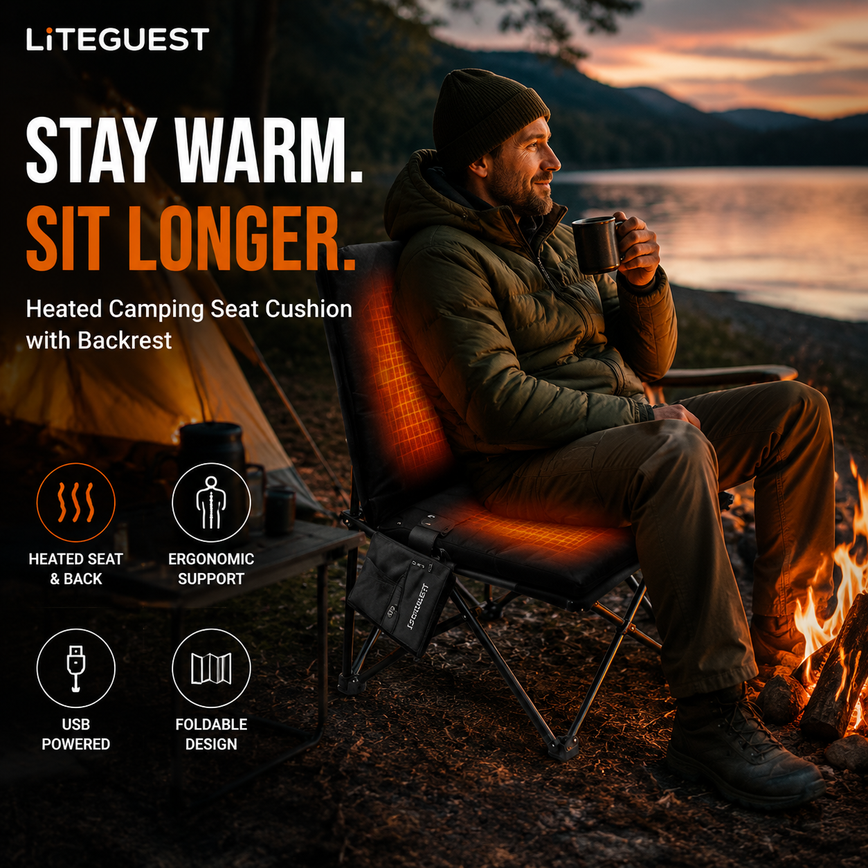 LITEGUEST Heated Camping Seat Cushion with Backrest | USB Heated