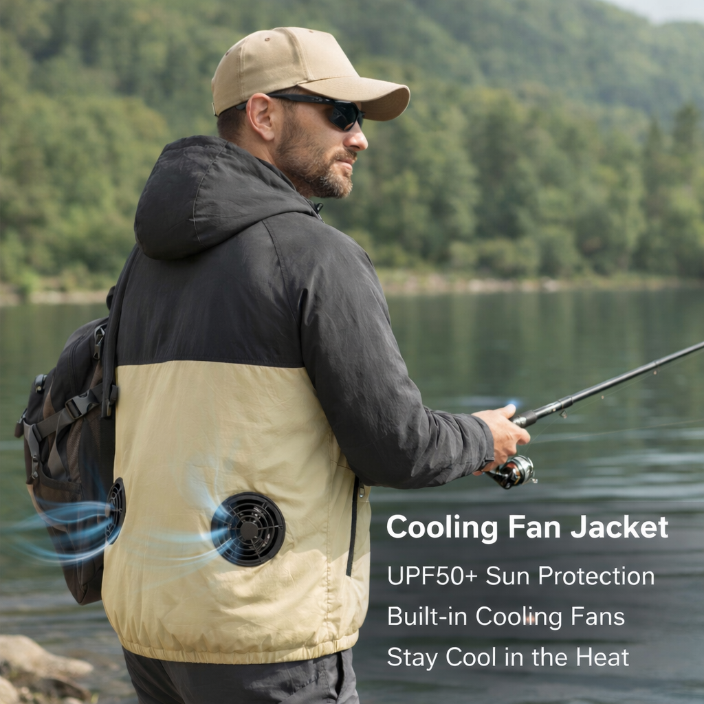 Man fishing by a lake wearing a LITEGUEST cooling fan jacket with built-in fans and UPF50+ sun protection