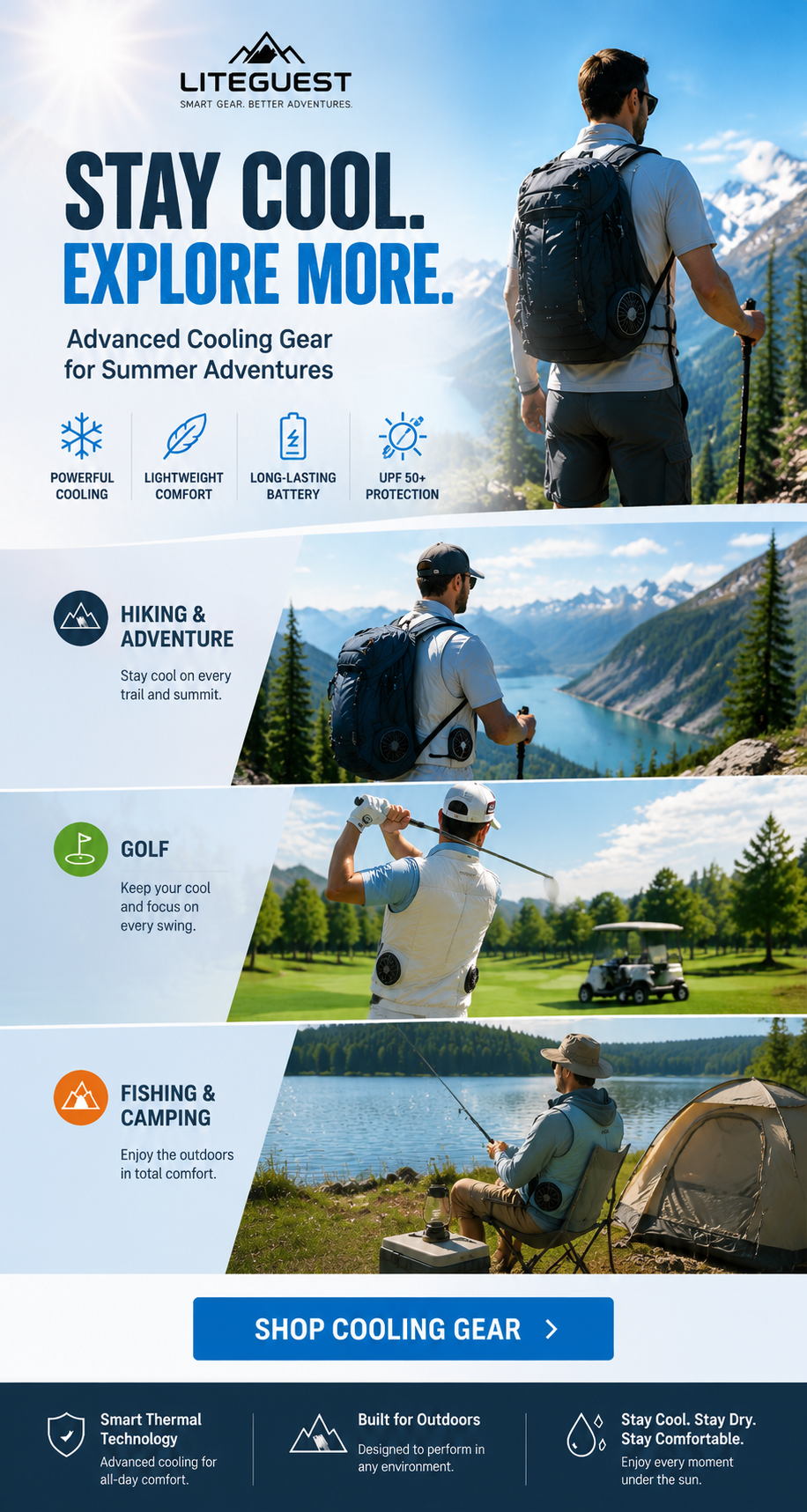 LITEGUEST cooling vest and outdoor gear for hiking, golf, and camping in hot summer weather
