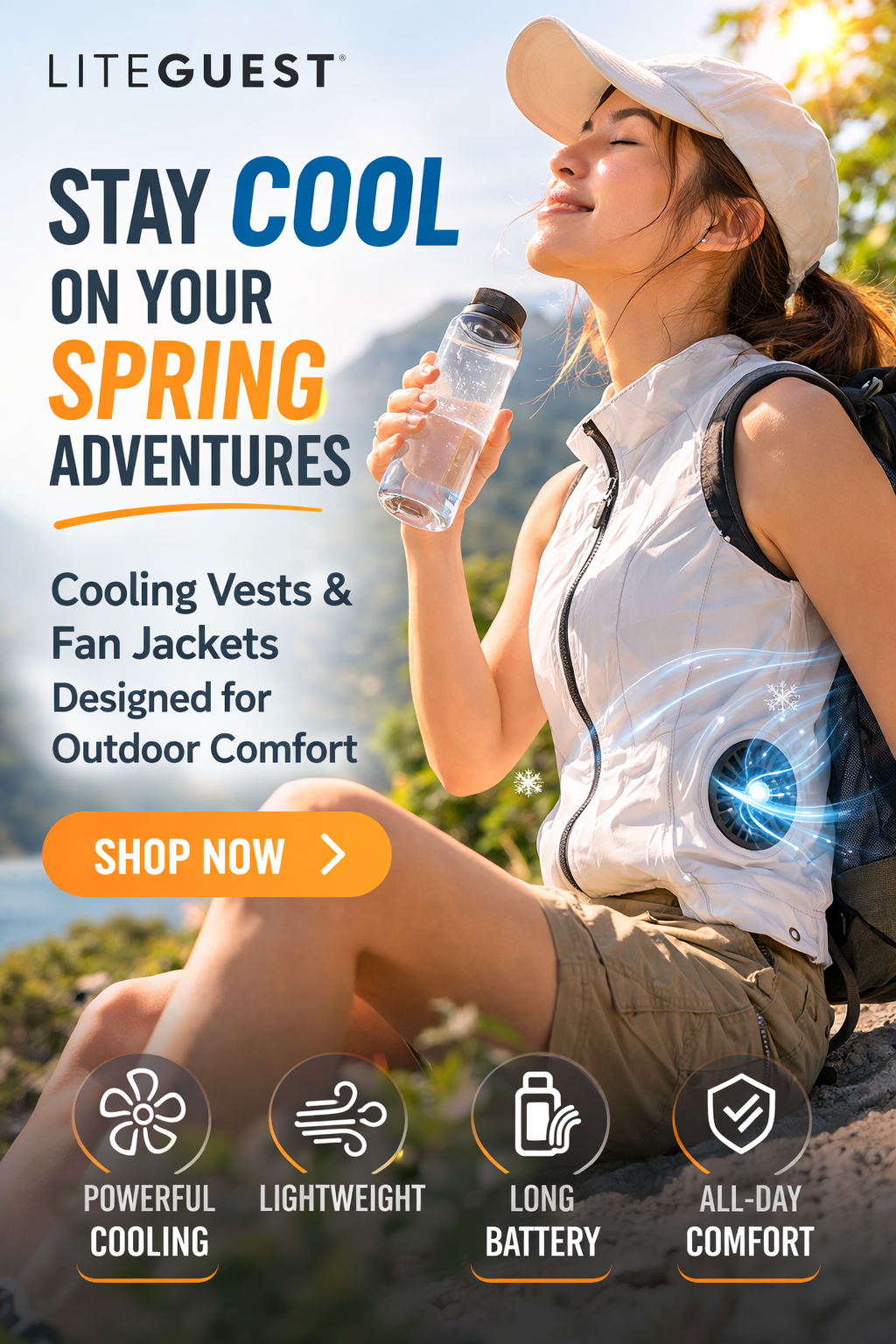Men and women wearing LITEGUEST cooling vests with built-in fans hiking outdoors in warm spring weather