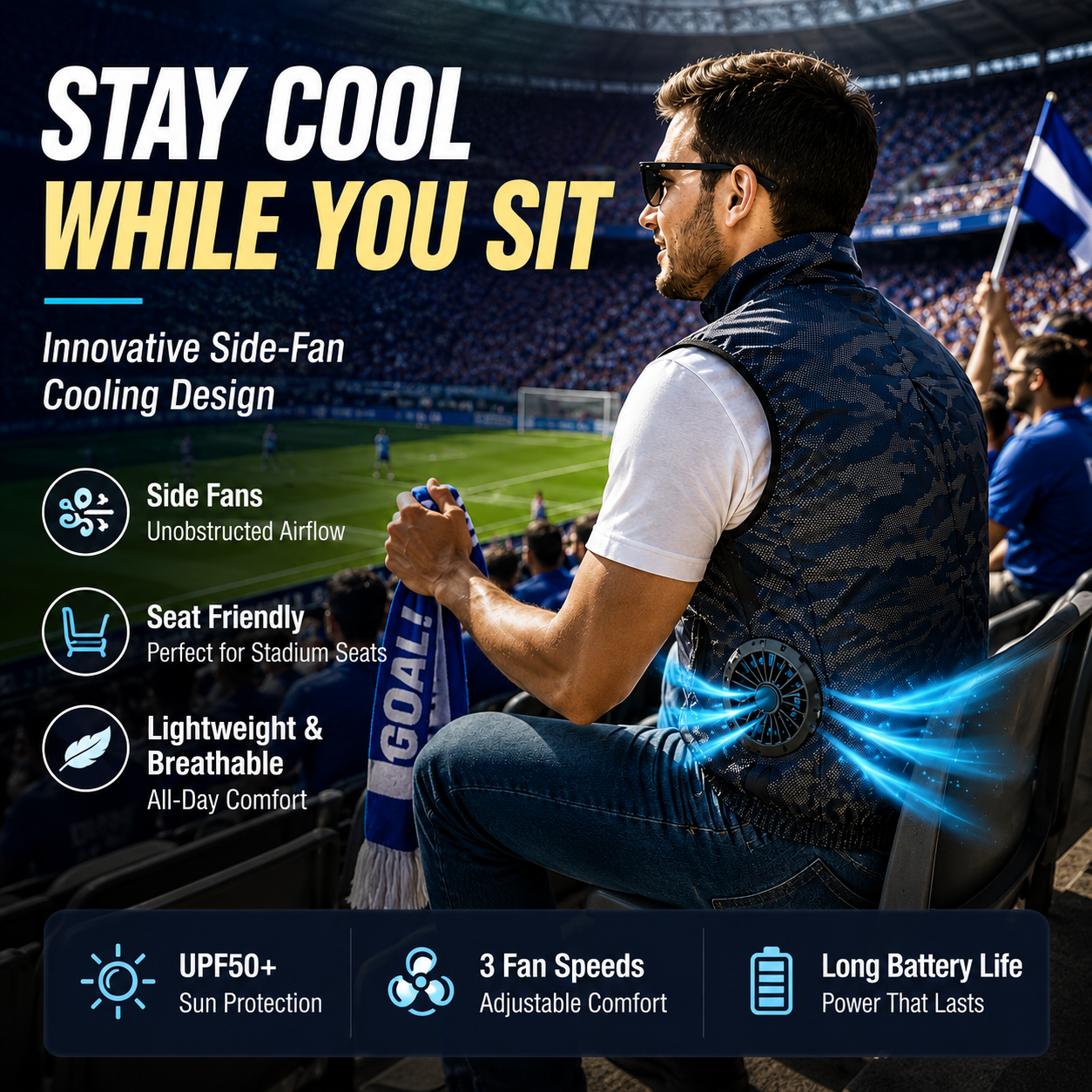 Liteguest Side Fan Cooling Vest for Sports Fans, Camping & Hiking