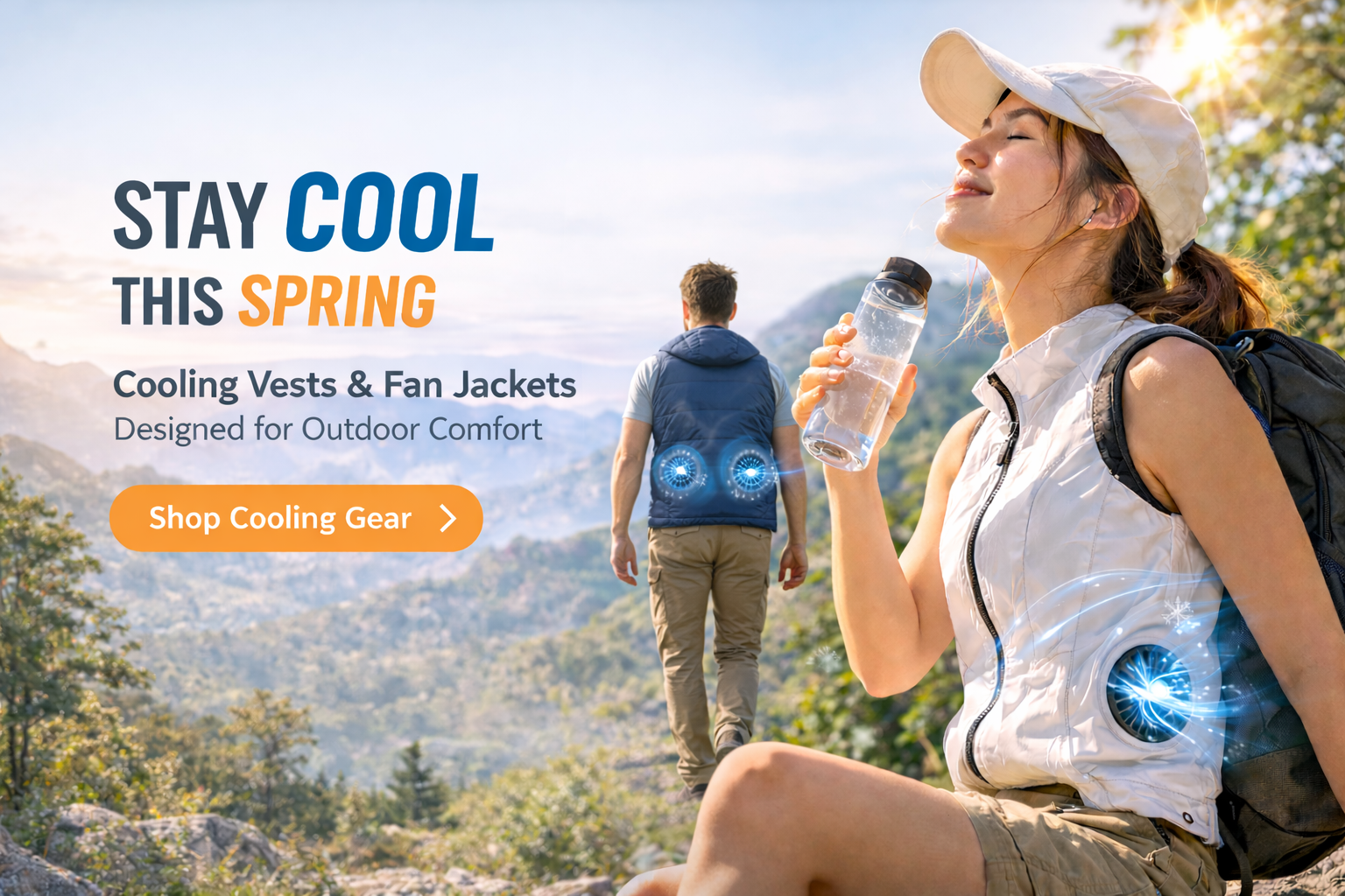 Men and women wearing LITEGUEST cooling vests with built-in fans hiking outdoors in warm spring weather