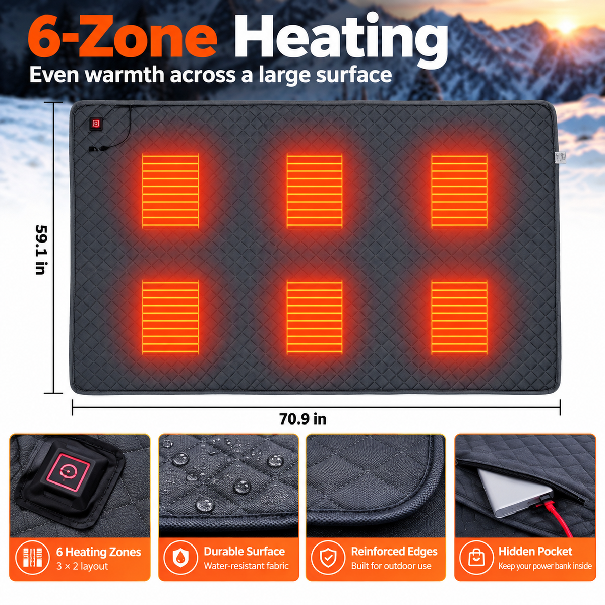 LITEGUEST 6-Zone Heated Tent Floor Mat | Large USB Heated Camping Mat