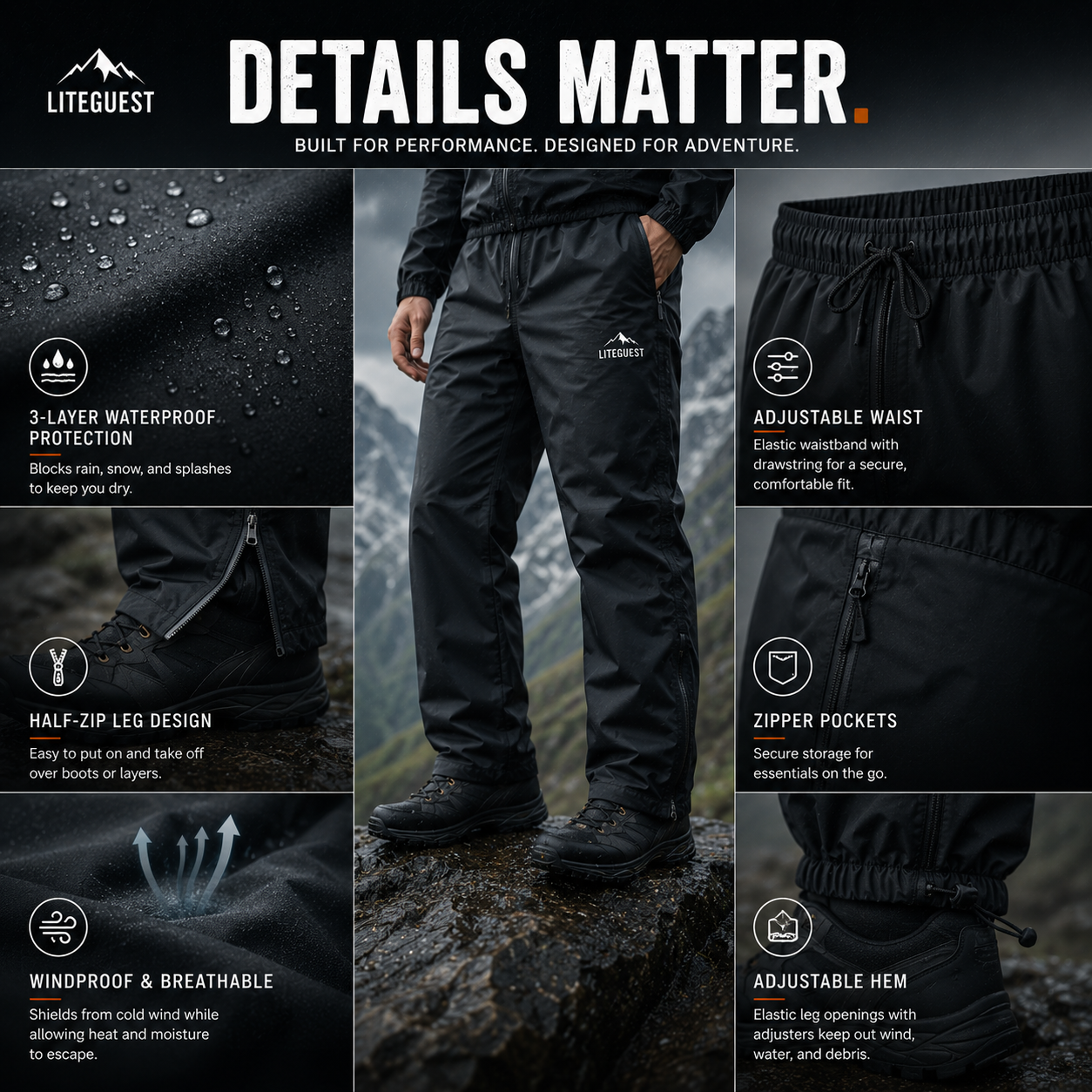 LITEGUEST Adventure Hard Shell Pants – Waterproof Outdoor Shell Pants