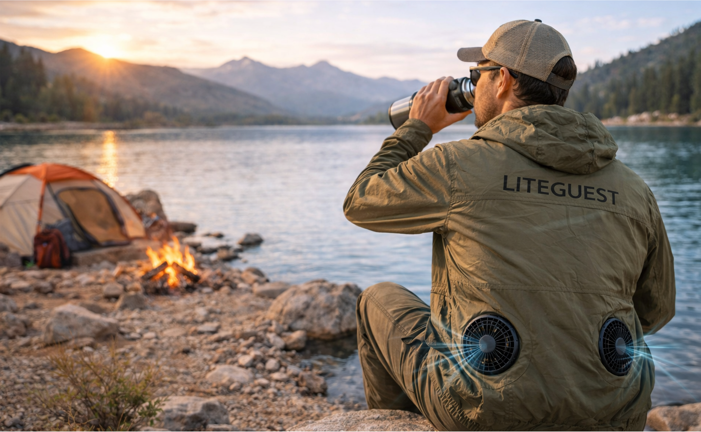 Outdoor camper wearing a cooling fan jacket by the lake at sunset – LITEGUEST summer outdoor gear