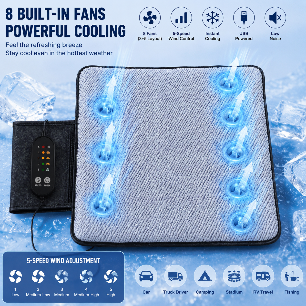 LITEGUEST Upgraded Cooling Seat Cushion with 8 Fans USB