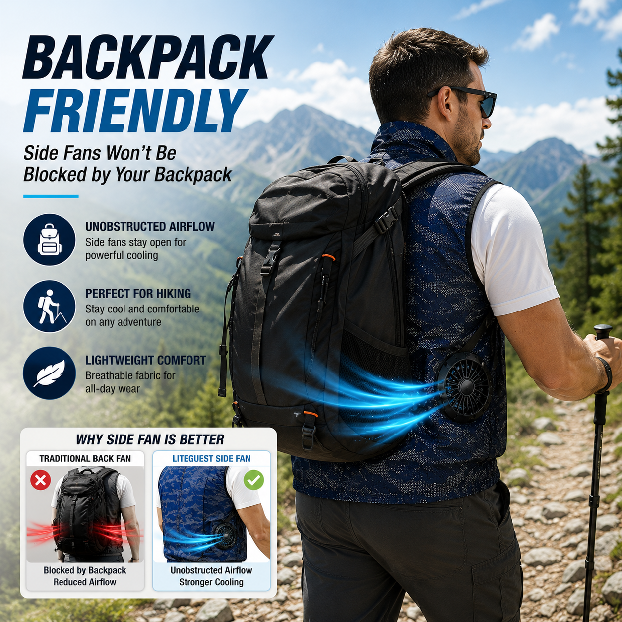 Liteguest Side Fan Cooling Vest for Sports Fans, Camping & Hiking