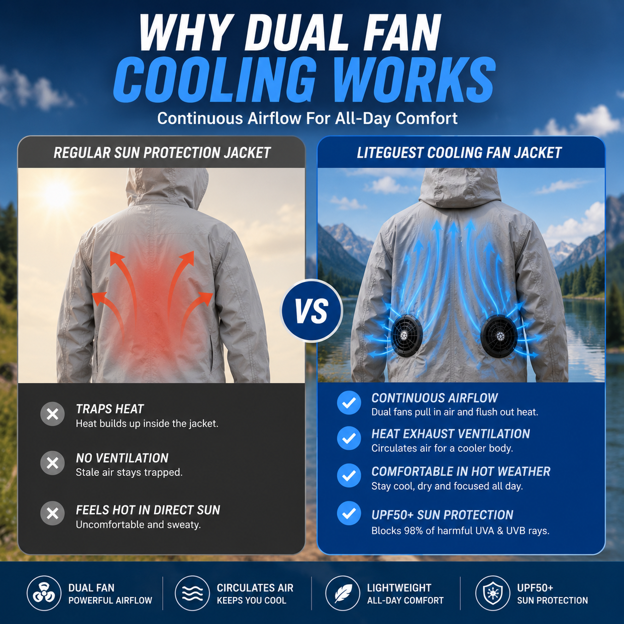 LITEGUEST Ultralight Cooling Fan Jacket | UPF50+ Sun Protection