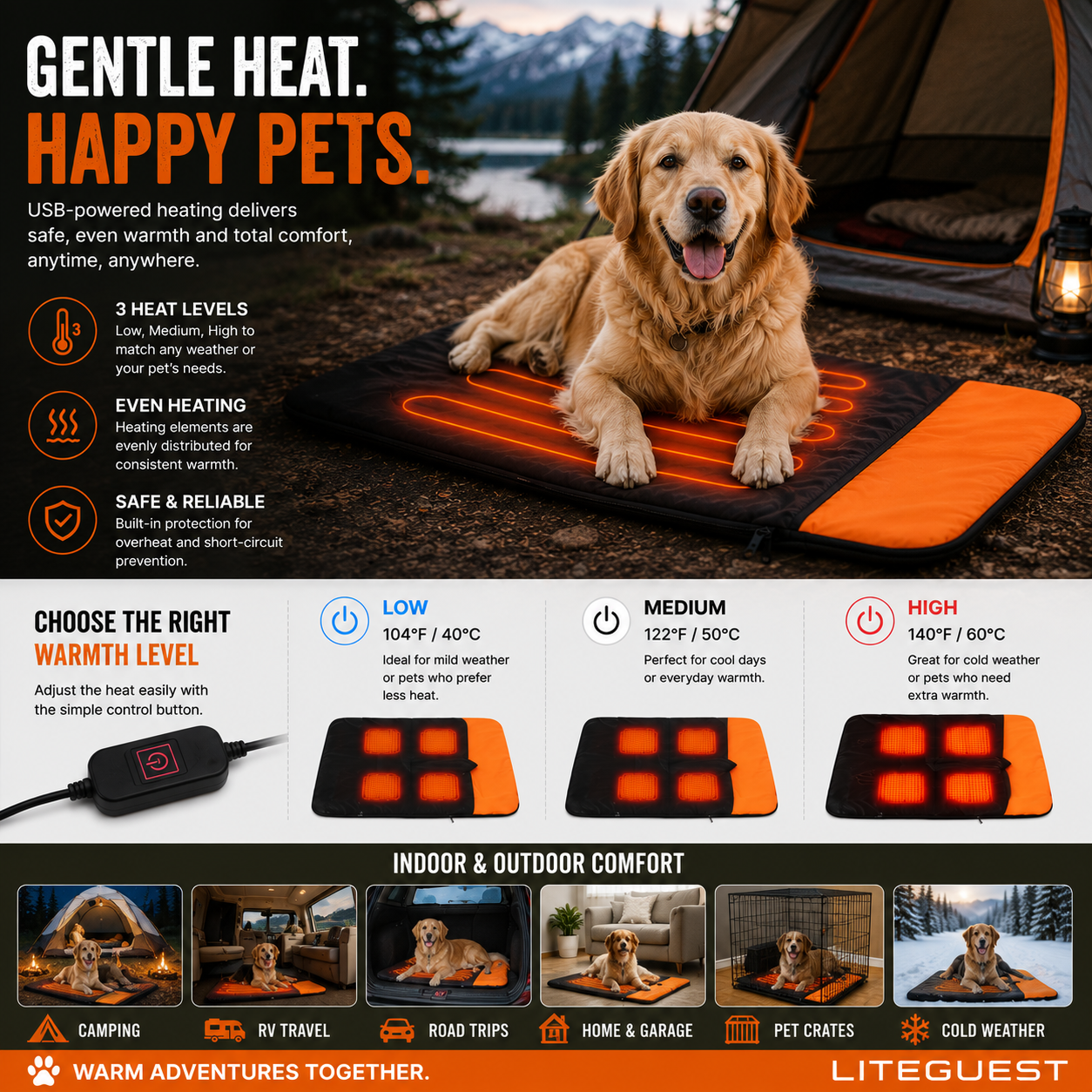 LITEGUEST Heated Pet Bed | USB Heated Pet Sleeping Bag for Dogs & Cats