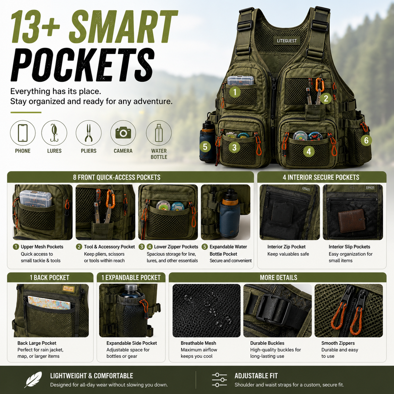 LITEGUEST Outdoor Utility Vest – Multi-Pocket Fishing & Hiking Vest