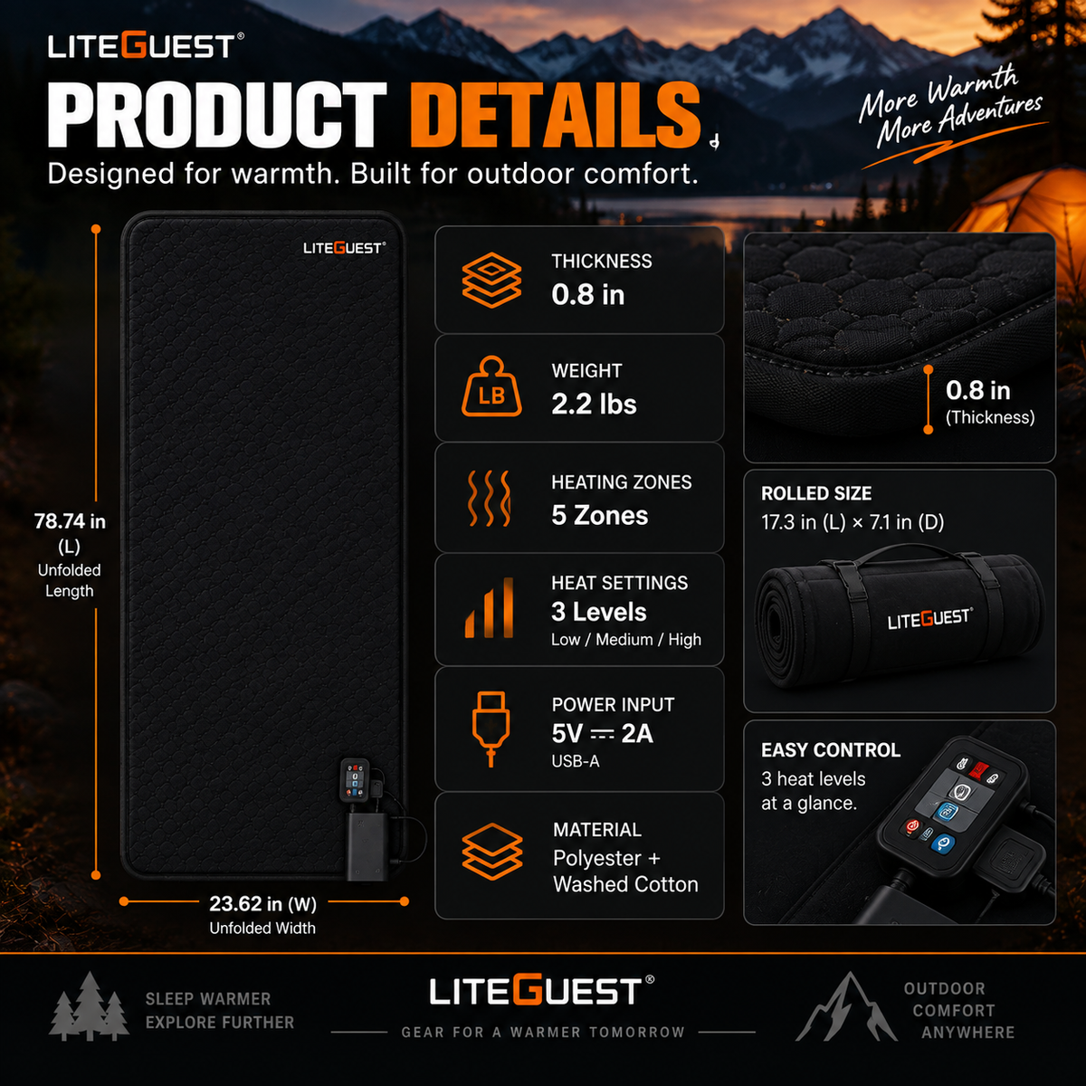 LITEGUEST 5-Zone USB Heated Sleeping Mat | Camping Sleeping Pad