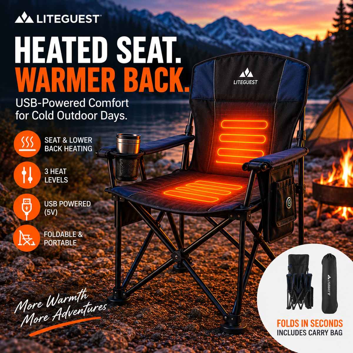 LITEGUEST Heated Camping Chair | USB-Powered Folding Chair