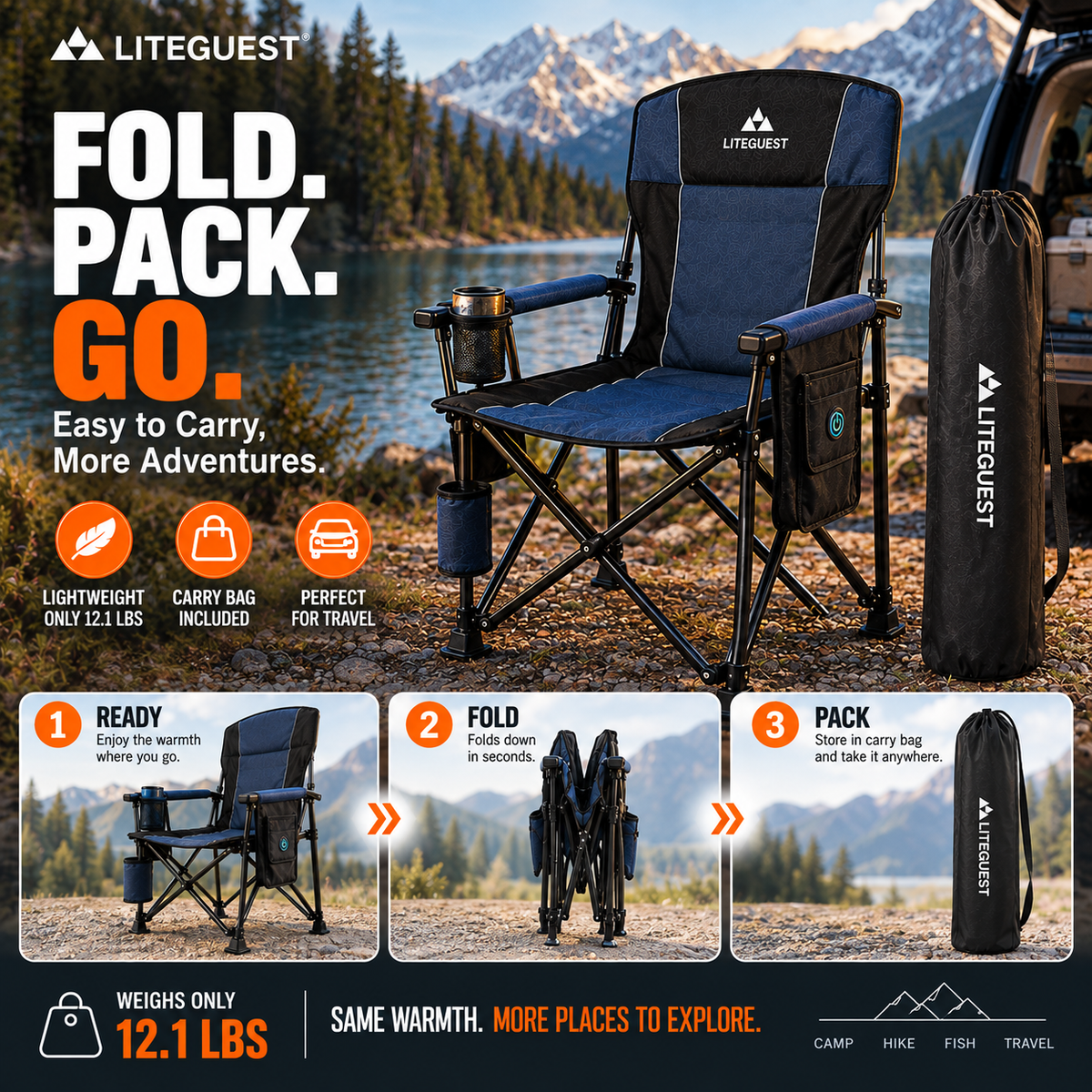 LITEGUEST Heated Camping Chair | USB-Powered Folding Chair