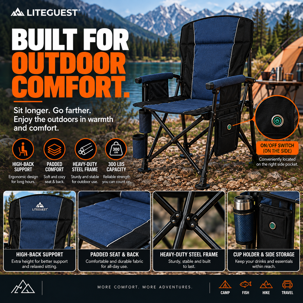 LITEGUEST Heated Camping Chair | USB-Powered Folding Chair