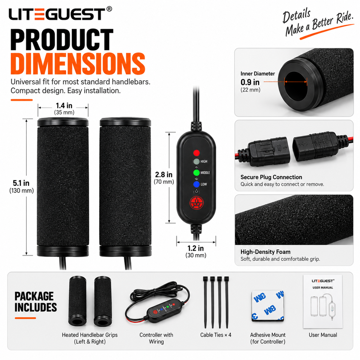 LITEGUEST Heated Handlebar Grips | 12V Motorcycle Grip Warmers