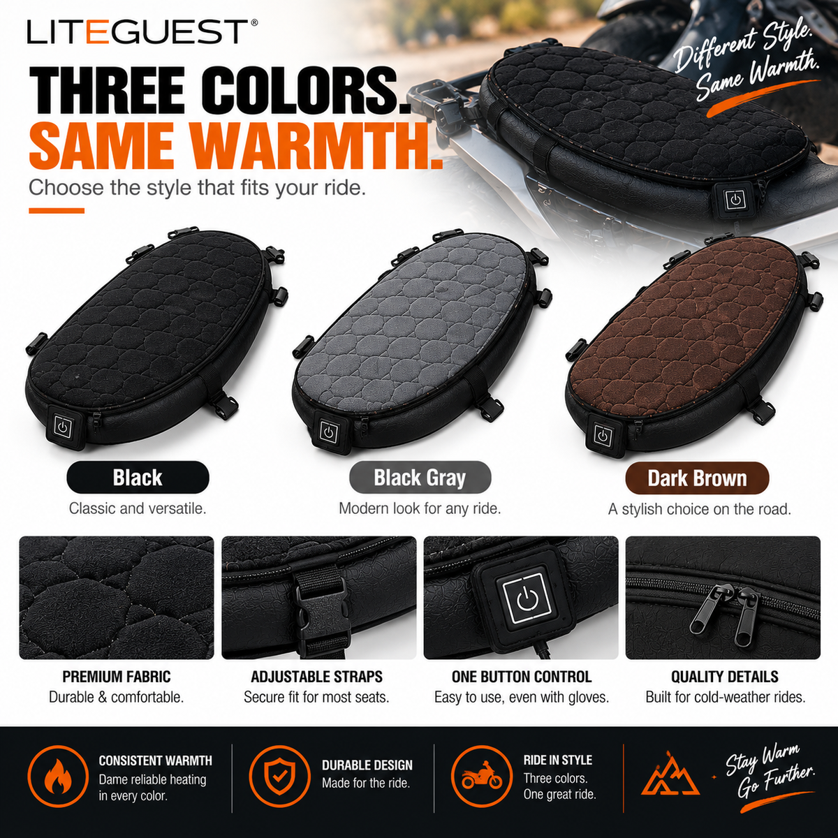 LITEGUEST Heated Motorcycle Seat Cover | USB Winter Riding Pad