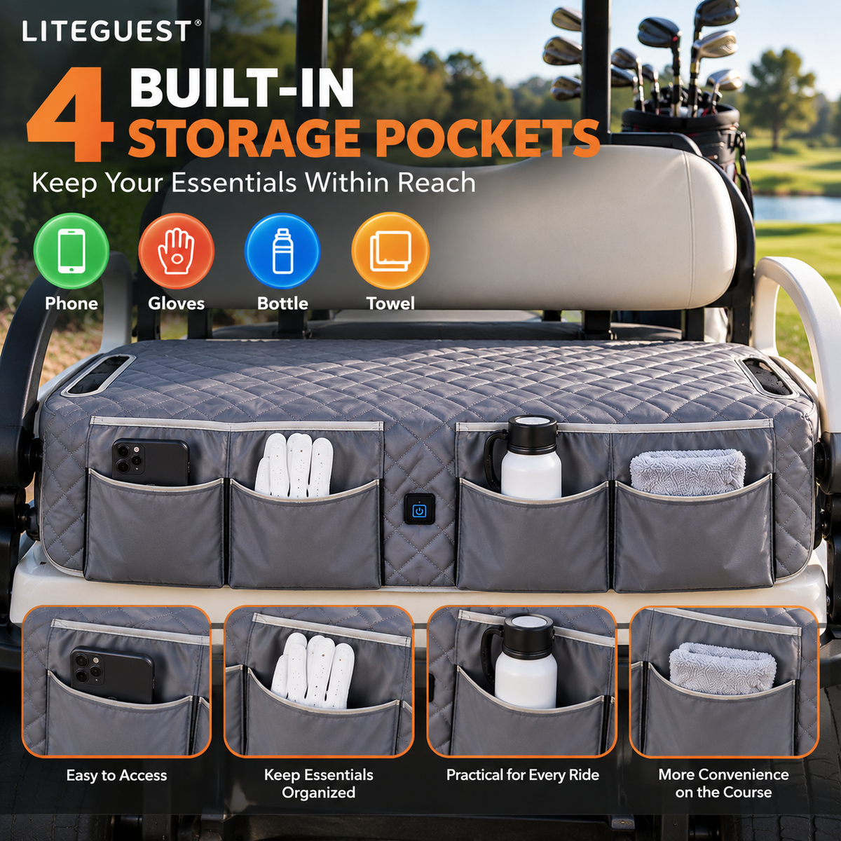 LITEGUEST Heated Golf Cart Seat Cushion with Storage | USB Heated
