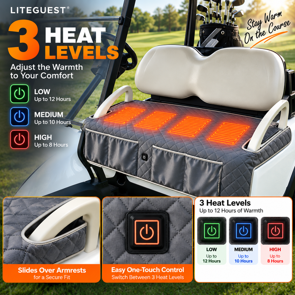 LITEGUEST Heated Golf Cart Seat Cushion with Storage | USB Heated