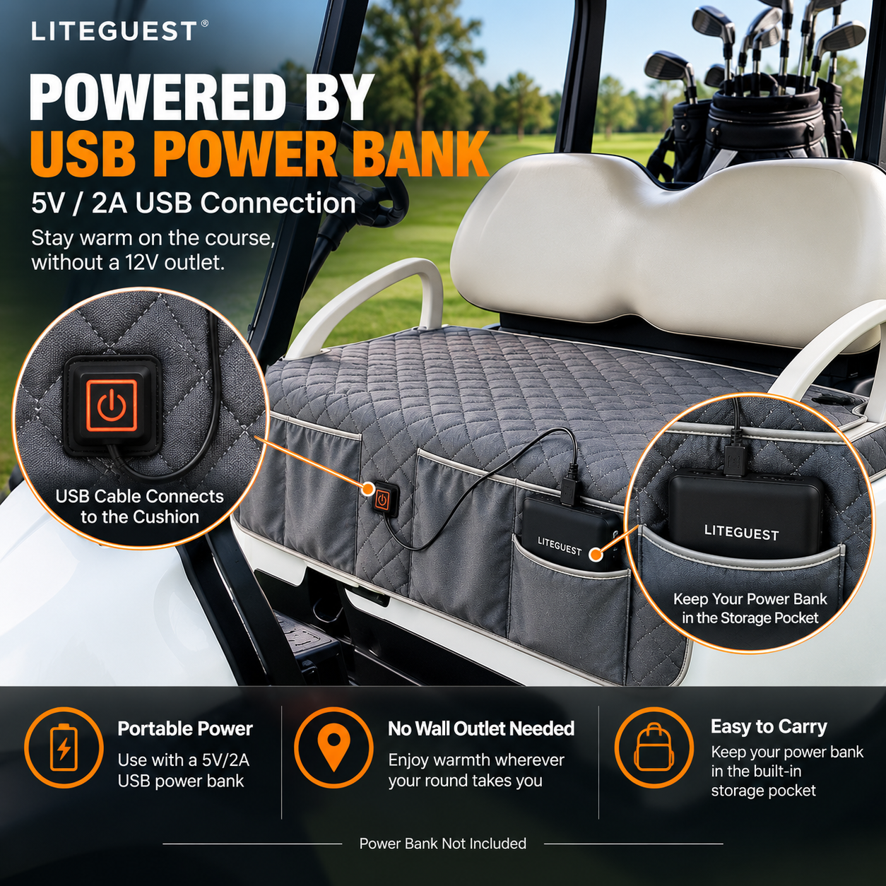 LITEGUEST Heated Golf Cart Seat Cushion with Storage | USB Heated