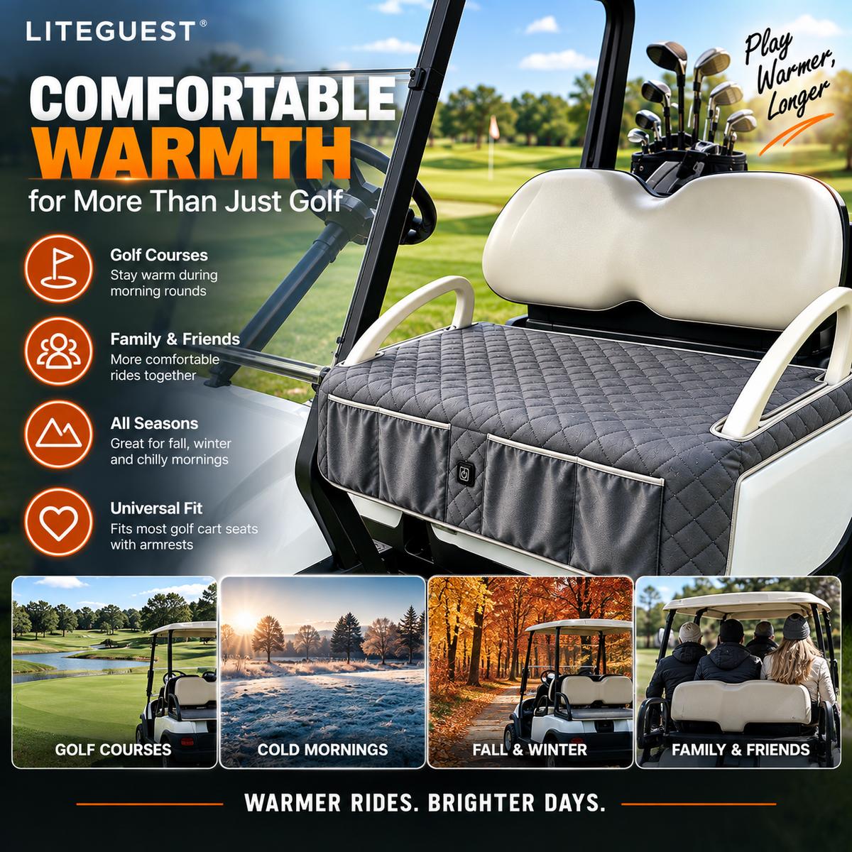 LITEGUEST Heated Golf Cart Seat Cushion with Storage | USB Heated