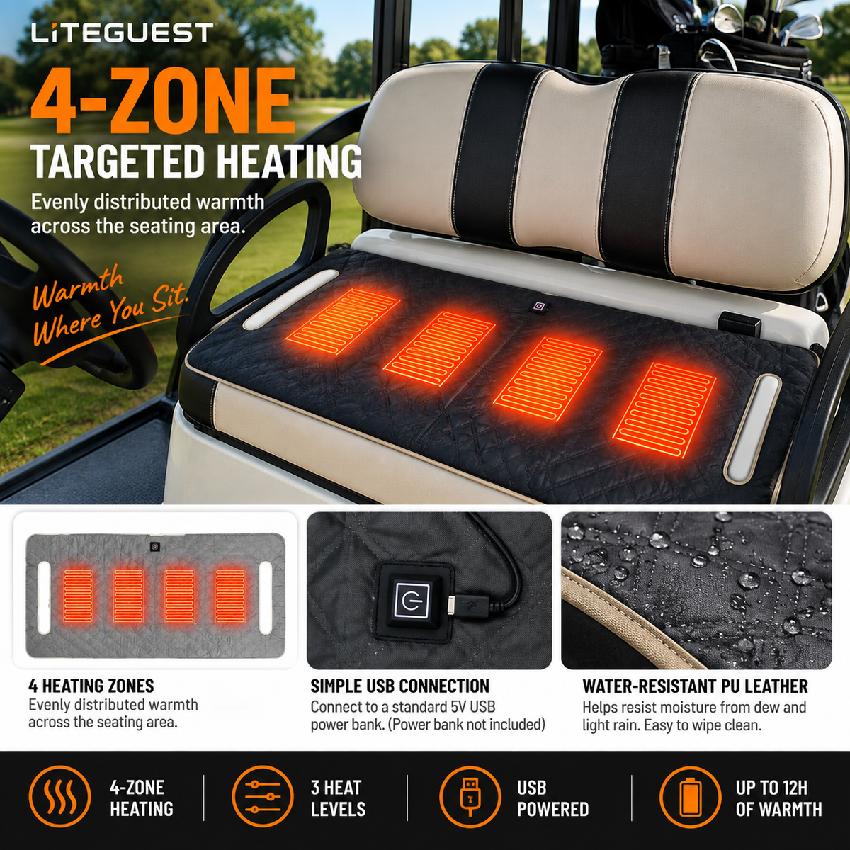 LITEGUEST Heated Golf Cart Seat Cushion | USB Heated Golf Seat Pad