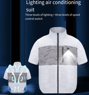 Cooling Fan Jacket with LED Light – Portable Air Conditioned Shirt for Summer Night Fishing, Hiking, and Camping
