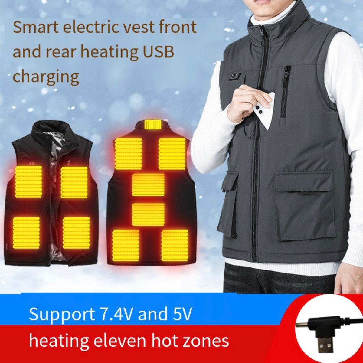 Ultimate Heated Vest with Stand Collar With Portable Charger - 11-Zone Heating & Multi-Pocket Design for Outdoor Winter Warmth