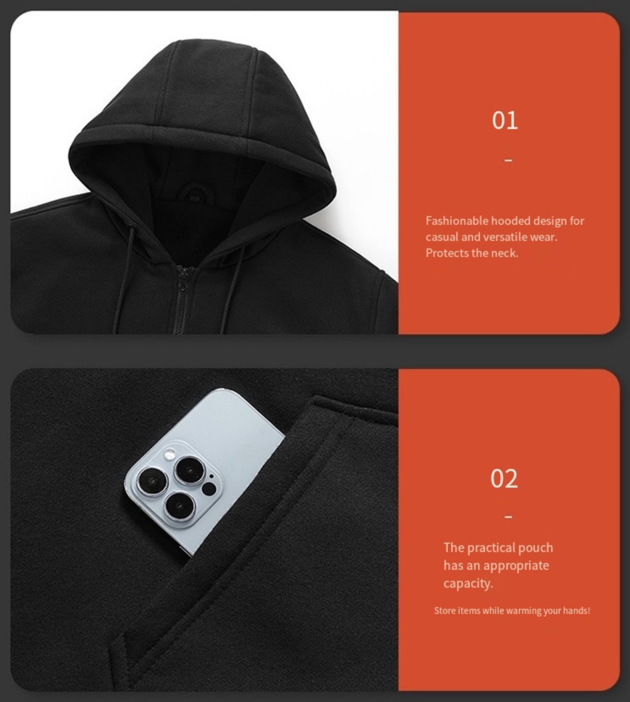 LITEGUEST 5-Zone USB Heated Hoodie Heated Zip-up Hooded Sweatshirt