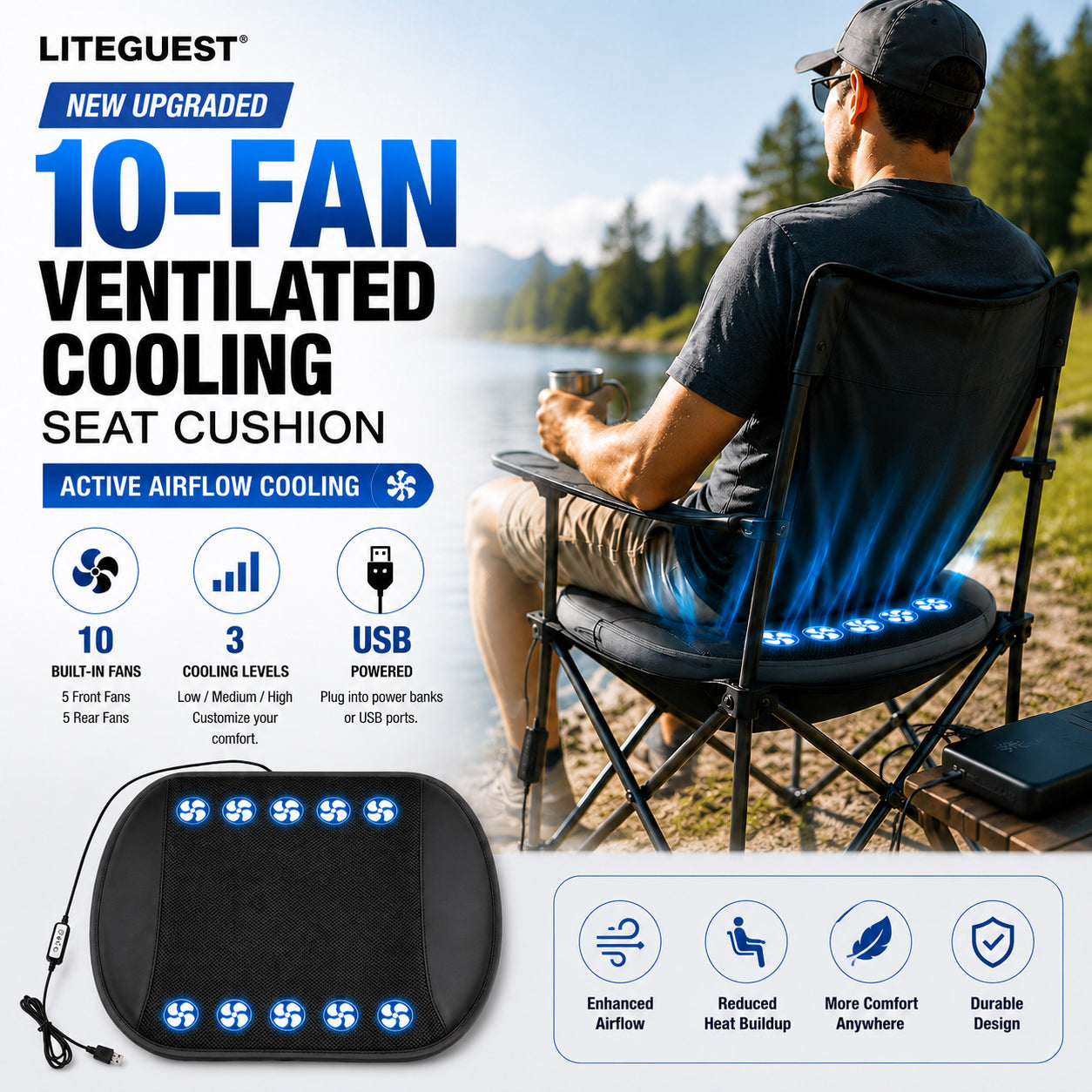 LITEGUEST 10-Fan Ventilated USB Cooling Seat Cushion