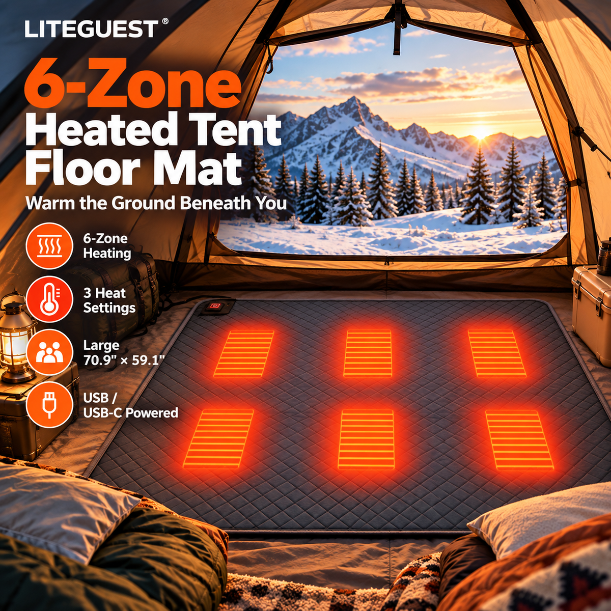 LITEGUEST 6-Zone Heated Tent Floor Mat | Large USB Heated Camping Mat