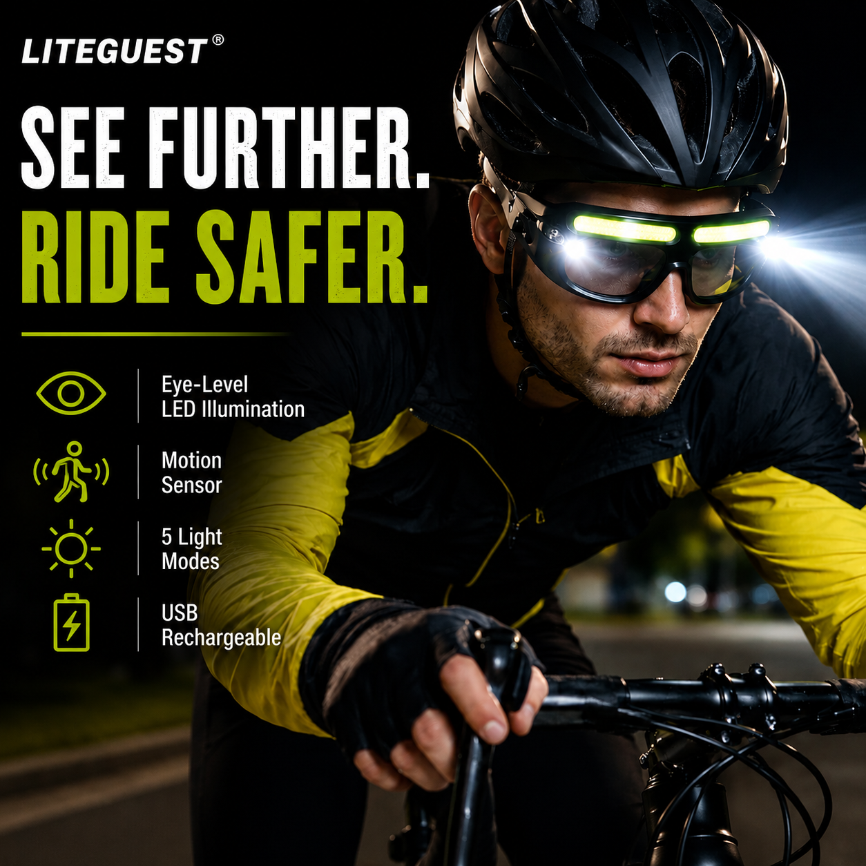 LITEGUEST Clip-On LED Cycling Light Glasses | Motion Sensor & 5 Modes