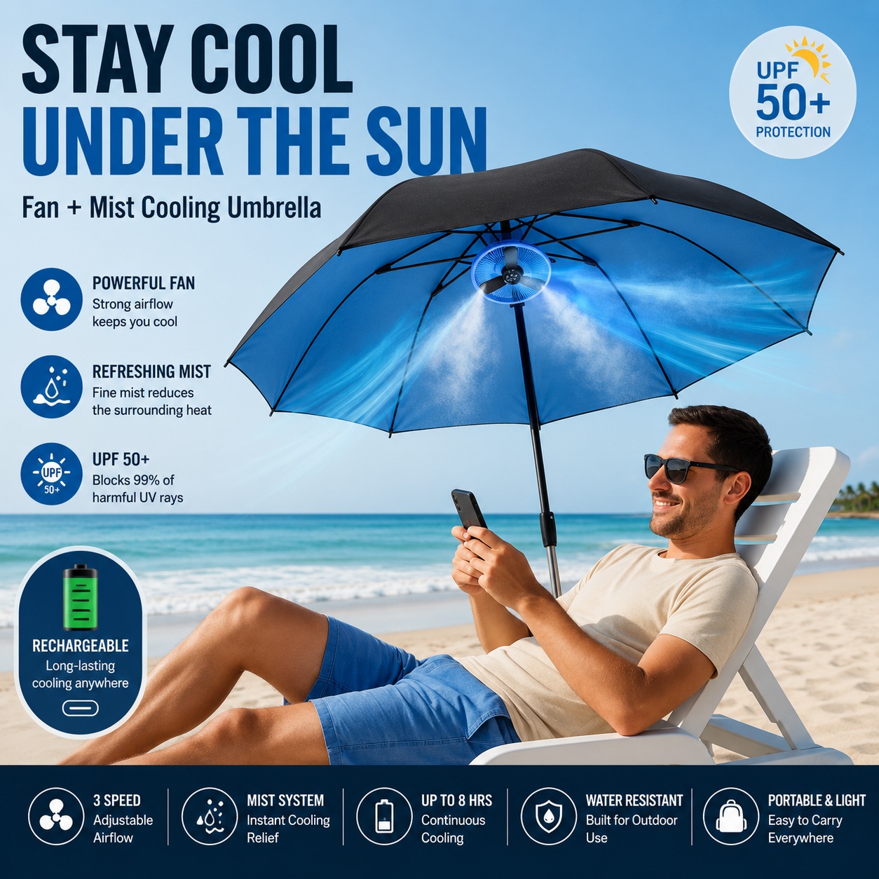 LITEGUEST Cooling Fan Umbrella with Mist & UPF50+ Protection