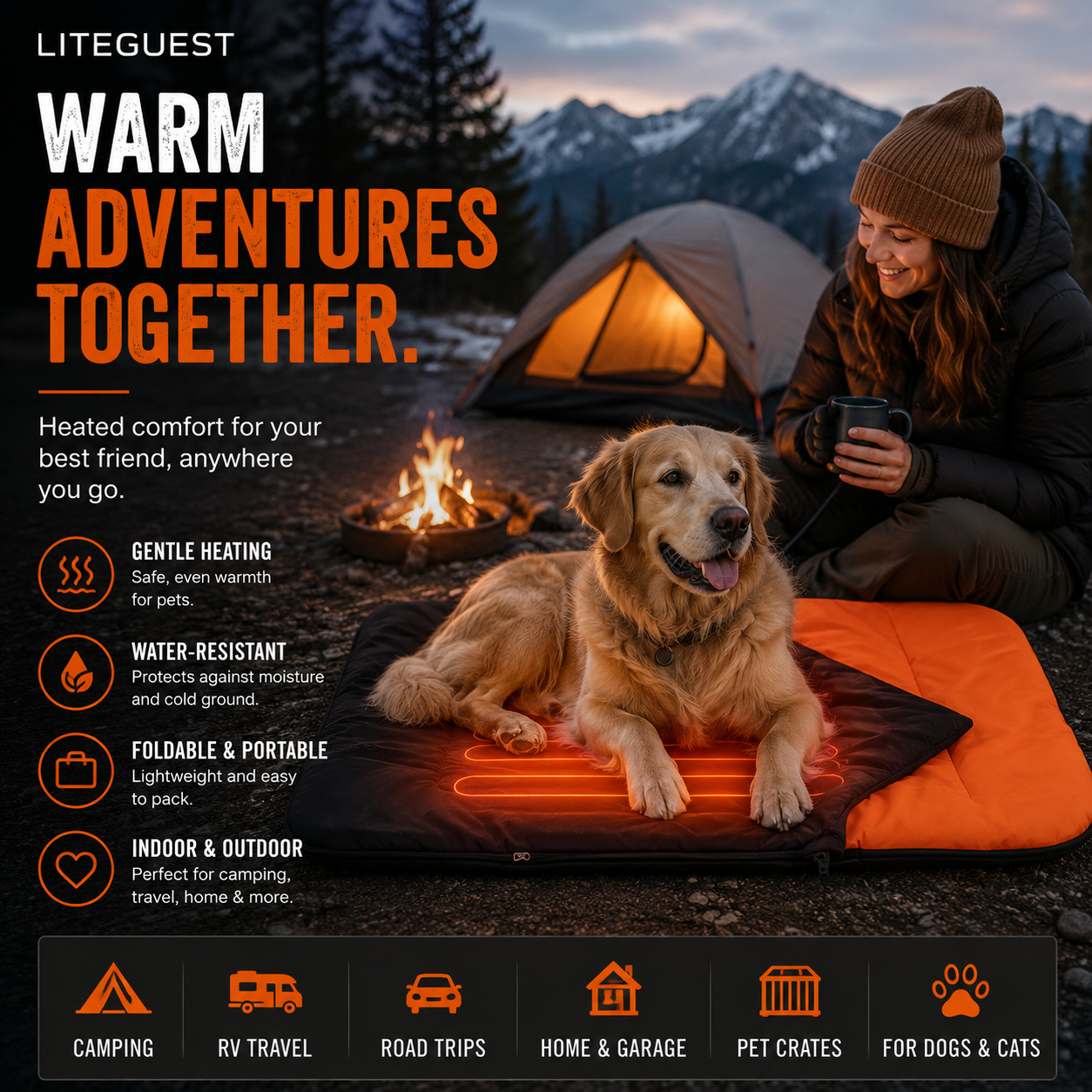 LITEGUEST Heated Pet Bed | USB Heated Pet Sleeping Bag for Dogs & Cats